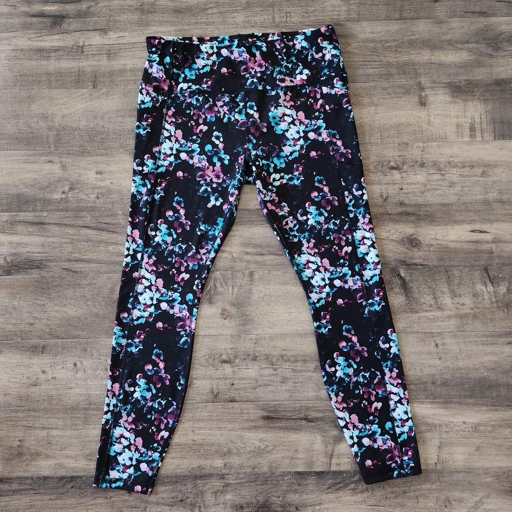 Avia Active Core Performance Black Multi Floral Print Leggings Women's XL